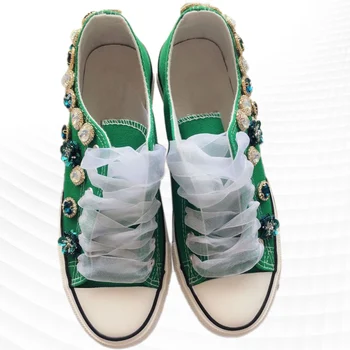 Зеленые аксессуары с низким верхом из страз и драгоценных камней, парусиновая обувь на заказ, спортивная обувь, женская обувь 35-40.