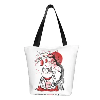 Изготовленная на заказ Холщовая сумка для покупок Maneki Neko Sakura Flowers Женская Многоразовая Сумка для покупок Lucky Cat Cherry Blossom Tote Shopper Bag