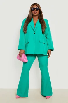 Карамельный цвет, зеленые Женские брючные костюмы, комплект, блейзер для девочек большого размера, широкие двубортные офисные женские вечерние платья для выпускного вечера
