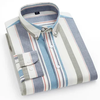 Качественная мужская хлопчатобумажная рубашка в оксфордскую полоску, длинный рукав, отложной воротник, Обычная посадка, мужские повседневные рубашки в клетку
