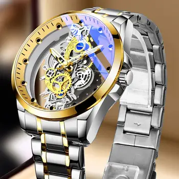 Кварцевые часы высокой твердости с точной датой, винтажные мужские часы с золотым скелетом, мужские часы для повседневной жизни