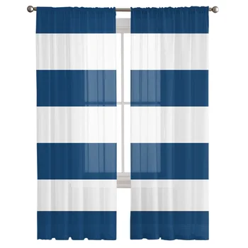 Классическая прозрачная занавеска в синюю и белую полоску для гостиной, спальни, Вуалевая драпировка, кухонного окна, тюлевые шторы, предметы первой необходимости для дома