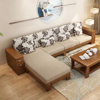 Комбинация диванов для гостиной из цельного дерева, семиугольный деревянный матерчатый диван в китайском стиле, журнальный столик, тумба для телевизора, руб.