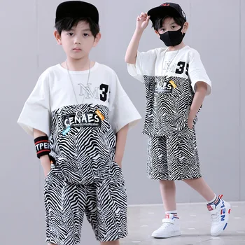 Комплект детской одежды с коротким рукавом в стиле пэчворк с модным принтом для мальчиков + повседневные брюки, комплект из 2 предметов, летняя одежда 2023 года от 3 до 12 лет
