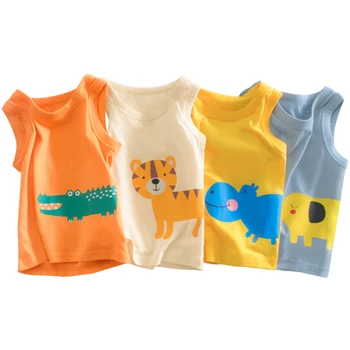 Комплект из 4 предметов, одежда в корейском стиле, летняя одежда для малышей, детская футболка с милым рисунком из мультфильма, хлопковая футболка без рукавов для мальчиков, топы BC474