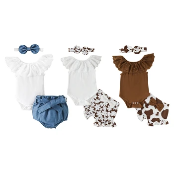 Комплект летних комбинезонов для новорожденных девочек, кружевной комбинезон без рукавов в рубчик и повседневные шорты с оборками, повязка на голову