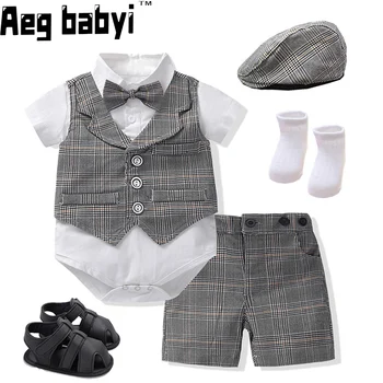 Комплект официальной одежды для новорожденных мальчиков, комбинезон с галстуком-бабочкой + Шорты + обувь + шляпа, костюмы для джентльменов, Летняя одежда для маленьких мальчиков