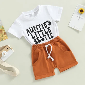 Комплект шорт для маленьких мальчиков, футболка с коротким рукавом и буквенным принтом, шорты с эластичной талией, летний наряд