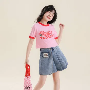 Корейский топ, Летние Розовые футболки, Одежда для девочек, вишневые топы с милым буквенным принтом для маленьких девочек 6, 7, 8, 10 лет