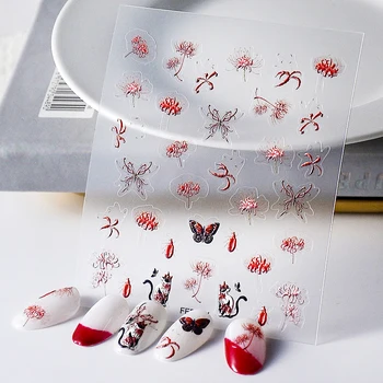 Кошка насекомое бабочка красный цветок любовь Китти бабочка 5D мягкие рельефные рельефы самоклеящиеся наклейки для дизайна ногтей 3D наклейки для маникюра