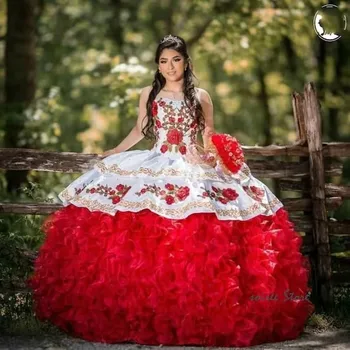 Красно-Белые Платья Charro Quinceanera Бальное Платье Из Органзы С Оборками И Аппликациями, Пышные Мексиканские Сладкие 16 Платьев 15 Anos