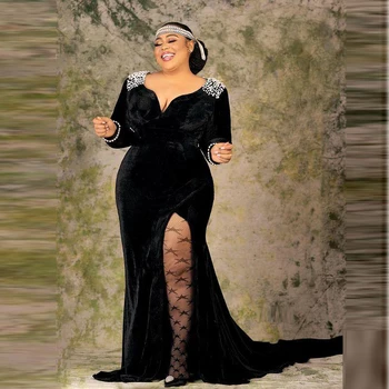Крупные бусины, жемчуг, бархатные вечерние платья, большие размеры, длинные рукава, Aso Ebi, черное платье для выпускного вечера, сексуальное женское платье на день рождения с открытой спиной