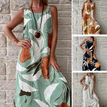 Летнее пляжное платье с принтом листьев, женское летнее платье без рукавов, свободное платье с круглым вырезом, повседневное платье Макси в стиле пэчворк для отпуска