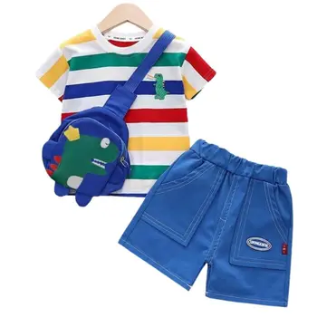 Летние комплекты одежды для маленьких мальчиков Детский спортивный костюм Детская одежда Футболка в полоску Шорты Сумка с динозавром Детская одежда Костюм из 3 предметов