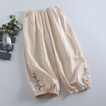 Летние новые милые брюки с вышивкой, женские брюки с эластичной резинкой на талии длиной до щиколоток 823-230
