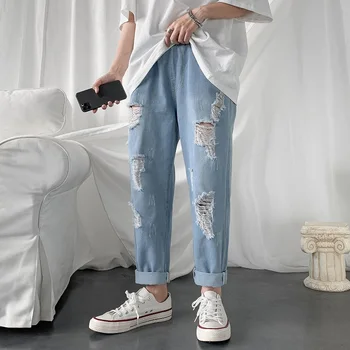 Летние облегающие джинсы для мужских брюк, дизайнерские модные потертые джинсы из матового денима, облегающие брюки Homme в стиле хип-хоп, обтягивающие рваные брюки