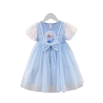 Летние платья принцессы Для девочек из замороженного хлопка С сеткой, платье-пачка Эльзы Анны, Модное детское платье с жемчугом