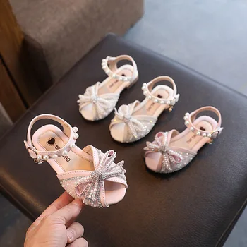Летние Туфли Принцессы для танцев и вечеринок Модные Стразы Детские Свадебные Сандалии Детские Туфли на плоской подошве Студенческие Хрустальные туфли для выступлений