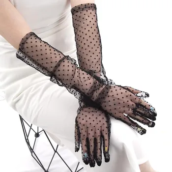 летние ультратонкие солнцезащитные перчатки 55 см, сексуальные Длинные женские перчатки из черного тюля в горошек, Аксессуары для дамского платья