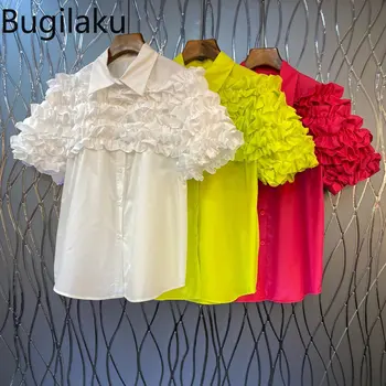 Летняя блузка в стиле Пэчворк с грибком Бугилаку, Женская Офисная Женская Однотонная Корейская рубашка, Женская мода с отложным воротником, Blusas Mujer
