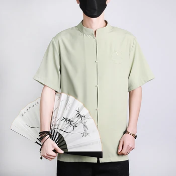 Летняя новая однотонная рубашка из ледяного шелка с короткими рукавами в китайском стиле, мужской тонкий повседневный кардиган с вышивкой больших размеров, большой размер