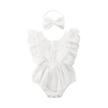 Летняя одежда для малышей 0-24 месяцев, милый кружевной комбинезон для новорожденных девочек, комбинезоны, солнцезащитный костюм без рукавов, повязка на голову
