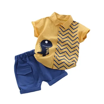 Летняя одежда для мальчиков, Хлопковые костюмы для малышей 1-4 лет, милые рубашки с воротником в виде динозавра, короткие штаны, комплекты одежды из 2 предметов