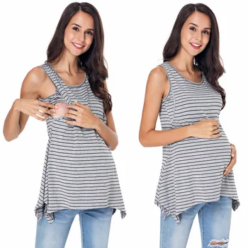 Летняя повседневная свободная рубашка для беременных, жилет в полоску без рукавов с круглым вырезом, футболка для беременных