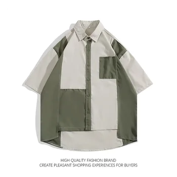 Летняя свободная рубашка в стиле пэчворк, мужская трендовая ретро Японская блузка на пуговицах, женские топы с короткими рукавами и карманами в стиле опрятности, Высокие уличные карманы
