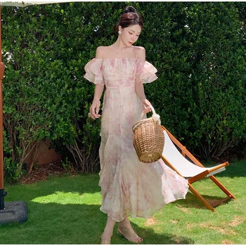 Лето 2023, новое женское Розовое Сетчатое платье с пузырчатым рукавом на одно плечо, Цветочное платье на бретелях, Маленькое Свежее Милое Супер Сказочное Длинное платье