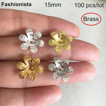 Металлические Цветы с 6 лепестками, украшения для головных уборов своими руками, Филигранные латунные колпачки для цветочных бусин, 15 мм, 100 шт -XP