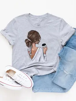 Милая кофейная одежда в стиле 90-х, женская летняя футболка, модная футболка с графическим принтом, повседневные футболки с коротким рукавом