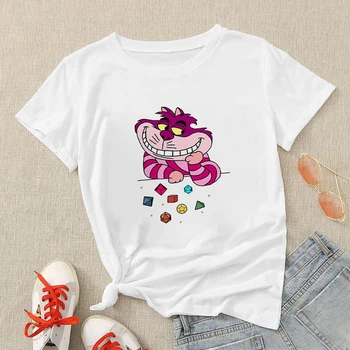 Милая футболка Disney с Чеширским котом, женские летние городские повседневные базовые топы, белая тонкая футболка для женской эстетики Harajuku