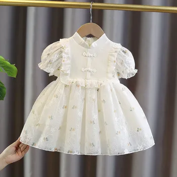 Милое летнее платье принцессы для девочек с коротким рукавом Для новорожденных, вечерние платья с кружевными оборками, Vestidos ADK2409