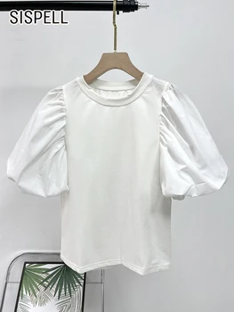 Минималистичные однотонные рубашки SISPELL для женщин с круглым вырезом, пышными рукавами и рюшами, Свободная блузка, Женская одежда, летний стиль 2023, Новинка