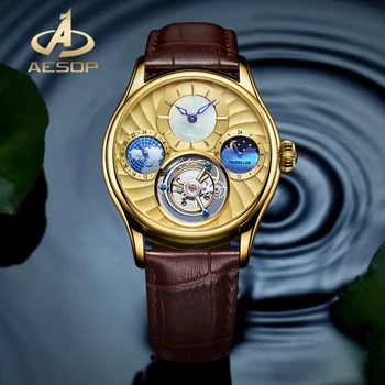 Многофункциональные механические часы AESOP с полным золотым циферблатом Moon Phase, мужские часы с настоящим турбийоном, водонепроницаемые часы из сапфирового стекла