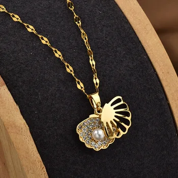 Модное ожерелье из нержавеющей стали с жемчугом в виде ракушки для женской публики, оптовая цепочка-ошейник для красивых женских аксессуаров