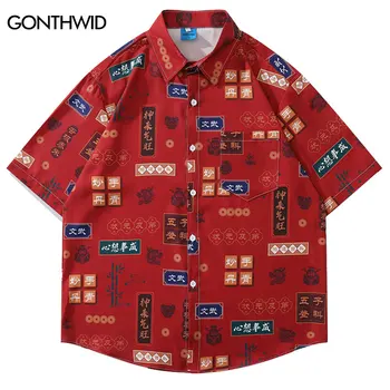 Мужская Гавайская рубашка Уличная одежда в стиле хип-хоп с принтом китайских иероглифов Летние Пляжные Рубашки с коротким рукавом Мужская Модная Повседневная блузка с карманом