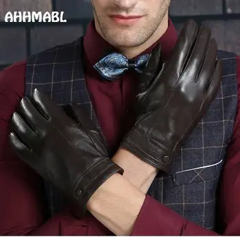 Мужские Перчатки из натуральной кожи, Натуральная овчина, Черные перчатки с сенсорным экраном, Модные Брендовые Зимние Теплые варежки New G512