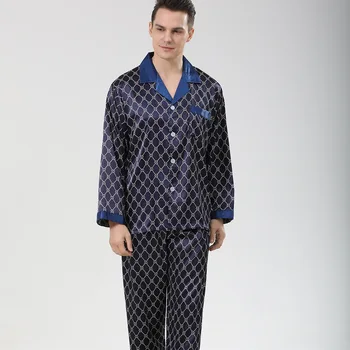 Мужские синие атласные пижамные комплекты с принтом, Пижамный костюм с длинным рукавом, Пижамный комплект, Пижамный комплект для мужчин