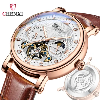 Мужские часы CHENXI Moon Phase, Автоматические Механические часы с турбийоном, Мужские Роскошные Модные Водонепроницаемые Спортивные Светящиеся наручные часы
