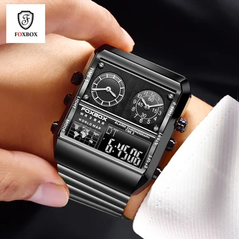 Мужские часы FOXBOX, кварцевые часы, мужские квадратные цифровые часы, наручные часы с ремешком из нержавеющей стали, мужские часы Relogio Masculino + коробка