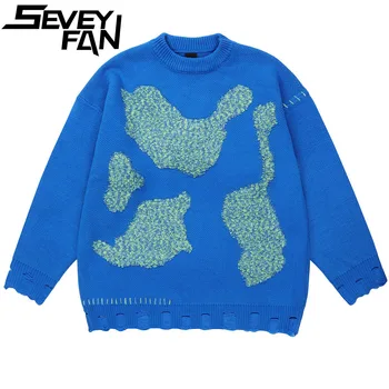 Мужской свитер SEVEYFAN, трикотаж в стиле хип-хоп, уличная одежда с контрастной вышивкой, верхняя одежда для отдыха на высоких улицах, вязаная верхняя одежда