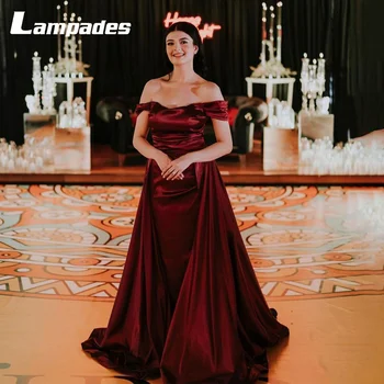 Мягкое Атласное платье для выпускного вечера Винно-красного цвета с открытыми плечами Трапециевидной формы, простое и элегантное Вечернее Вечернее платье Vestidos De Fiesta De Noche