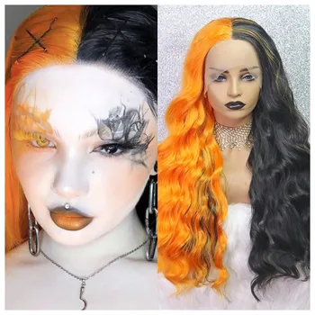 Наполовину Черный Наполовину Оранжевый парик Бесклеевой Синтетический парик с кружевом спереди 13X4, Средняя часть, Свободная волна, Термостойкие парики для косплея для женщин
