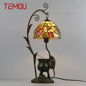 Настольная лампа TEMOU Tiffany LED Винтажное цветное стекло Креативный Настольный светильник Cat Модный Декор для дома, спальни отеля, Прикроватной тумбочки