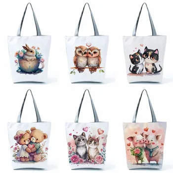 Настраиваемые сумки с милым мультяшным цветочным принтом и животными, Эко-сумка для покупок многоразового использования, уличная сумка через плечо, портативная дорожная сумка-тоут