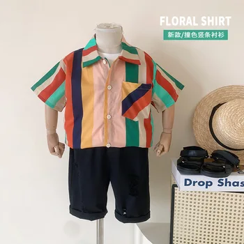 Новая летняя детская одежда 2023 года, рубашка в японскую полоску для мальчиков, детская одежда для отдыха на море в стиле Ретро с коротким рукавом
