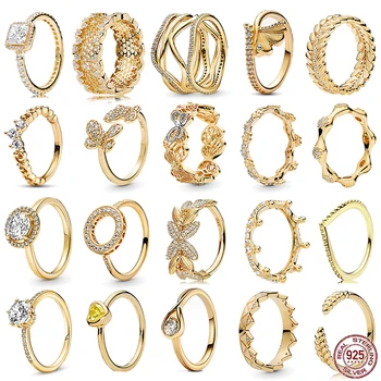 Новое кольцо из золотой серии, серебро 925 пробы, блестящий лист гинкго, бабочка-сота в форме сердца, кольцо с каплей воды для подруги