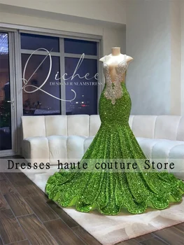 Новые выпускные платья из зеленого бархата Mermiad 2023 для чернокожих девушек, сексуальное вечернее платье с блестящими бусинами, вечерние халаты De Soirée